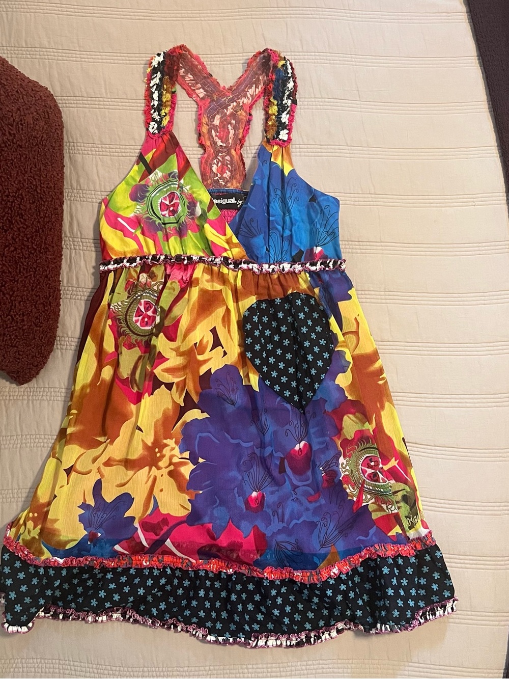 Desigual Bright Multicolor Patchwork Printed Dress Maximalist Travel Ruffle 44